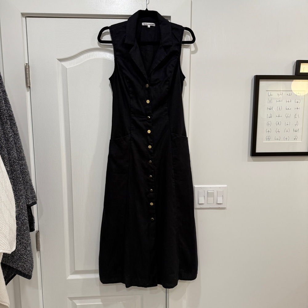 Reformation Greene Linen Dress Black - Size 2 - Picture 2 of 8